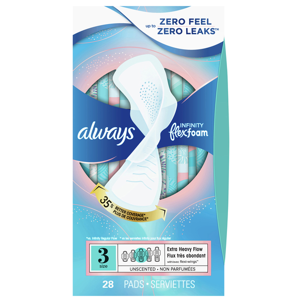 Always Infinity Size 3 Unscented Extra Heavy Flow Pads with Wings