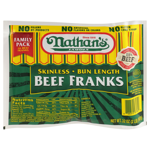 Nathan's Famous Bun Length Skinless Beef Franks Family Size - 14 ct