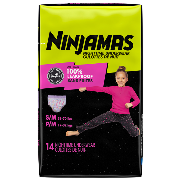 Ninjamas Girls S/M Nighttime Underwear 38-70 lb