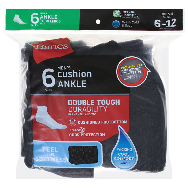 Hanes Men's Double Tough Cushion Ankle Socks Size 6-12 Black