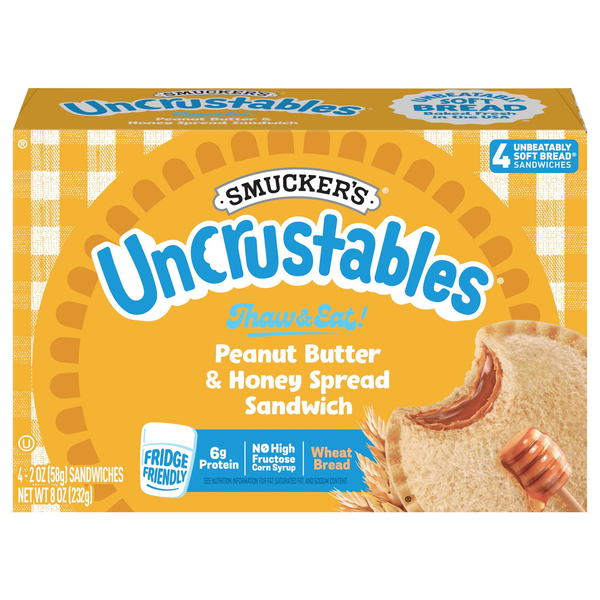 Smucker's Uncrustables Peanut Butter & Honey Spread Sandwich - 4 ct Frozen
