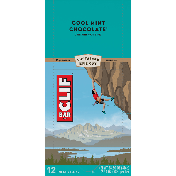 CLIF Organic Cool Mint Chocolate 10g Protein Energy Bars + Caffeine 12 ct