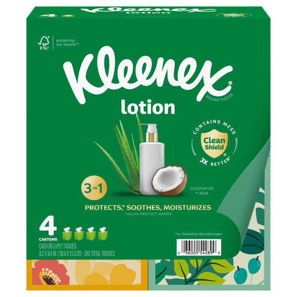 Kleenex Soothing Lotion 3-Ply Facial Tissue Cube Box 60 ct ea - 4 pk