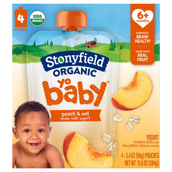 Stonyfield Organic YoBaby Whole Milk Peach & Oat Yogurt Pouch - 4 ct