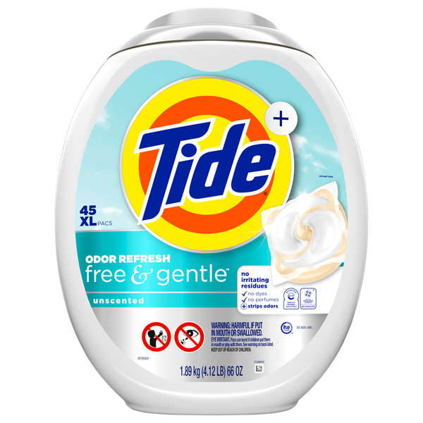 Tide + Free & Gentle Odor Refresh Unscented Laundry Detergent Pods - 45 ct