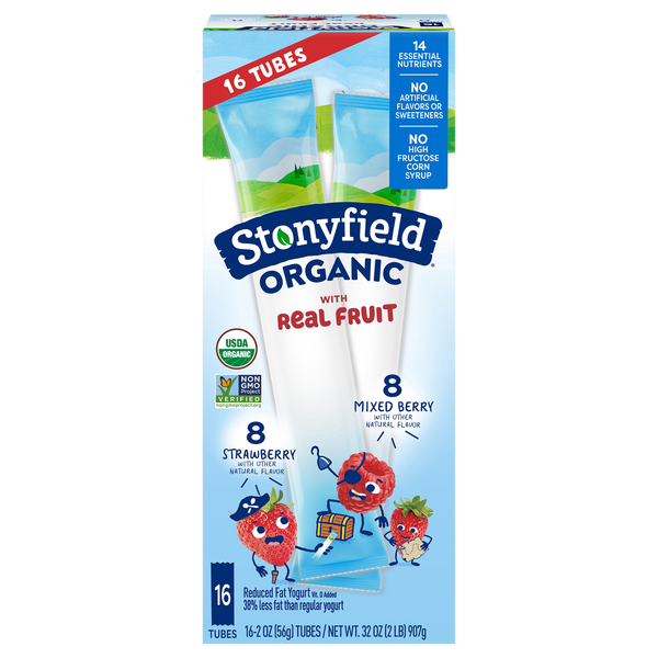Stonyfield Organic Kids Reduced Fat Strawberry/Mix Berry Yogurt Tubes 16ct