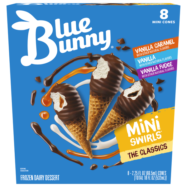 Blue Bunny Mini Swirls Cones Classics Variety Frozen Dairy Dessert - 8 ct