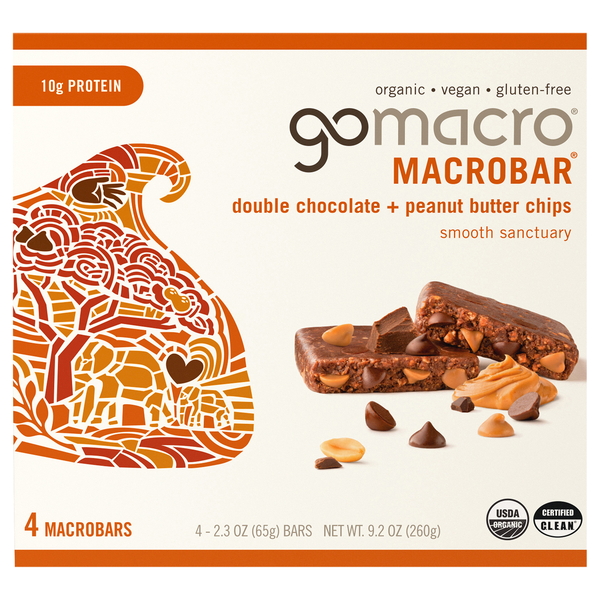GoMacro Organic Double Chocolate+PB Chips 10g Protein MacroBar - 4 ct