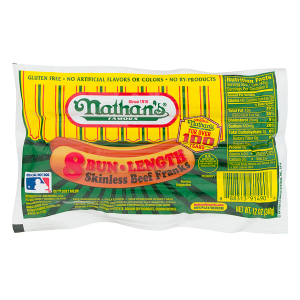 Nathan's Famous Bun Length Beef Franks Skinless - 8 ct