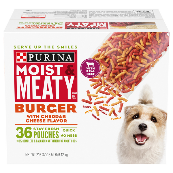 Save on Purina Moist & Meaty Adult Dog Food Burger with Cheddar Cheese