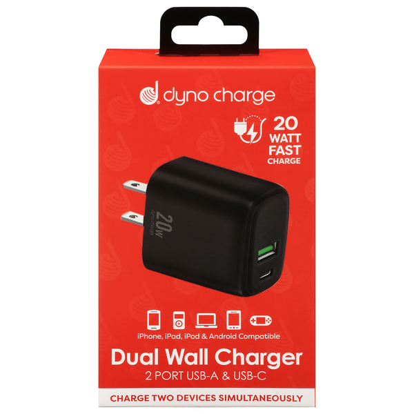 Dyno Charge 2 Port USB-A/USB-C Fast Charge Dual Wall Charger Black