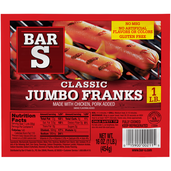 Bar-S Classic Jumbo Chicken & Pork Franks - 8 ct