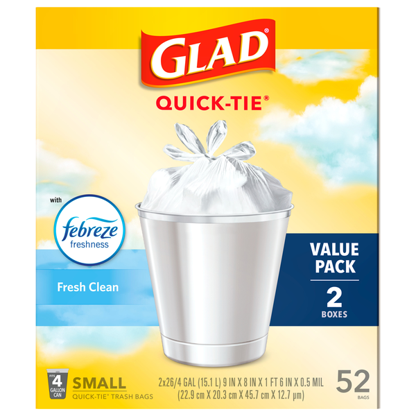 Glad Quick-Tie Fresh Clean Small Trash Bags 4 Gallon Value Pack