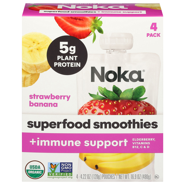 Noka Organic Strawberry Banana Superfood Smoothie + Immune Support - 4 ct