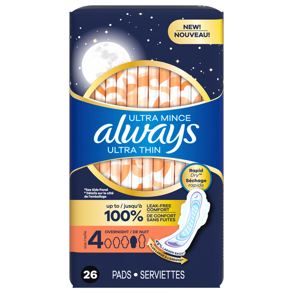 Always Ultra Thin Size 4 Unscented Overnight Pads with Wings