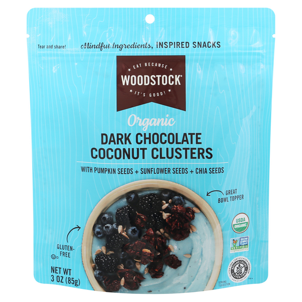 Save on Woodstock Organic Dark Chocolate Coconut Clusters with Pumpkin