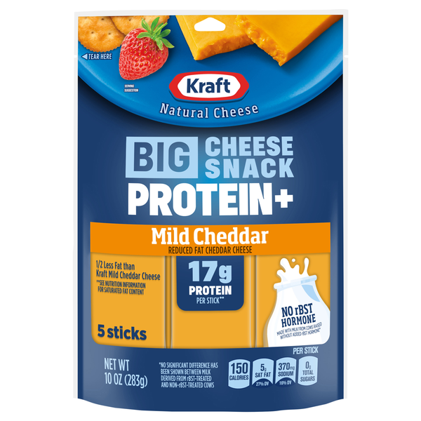 Kraft Natural Cheese Reduced Fat Cheddar 17g Protein Big Sticks - 5 ct
