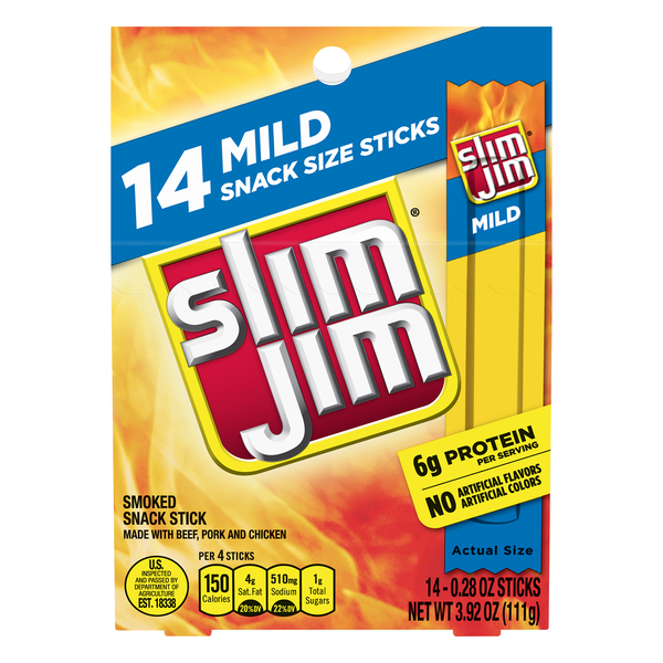 Slim Jim Mild Protein Smoked Snack Size Meat Sticks - 14 ct