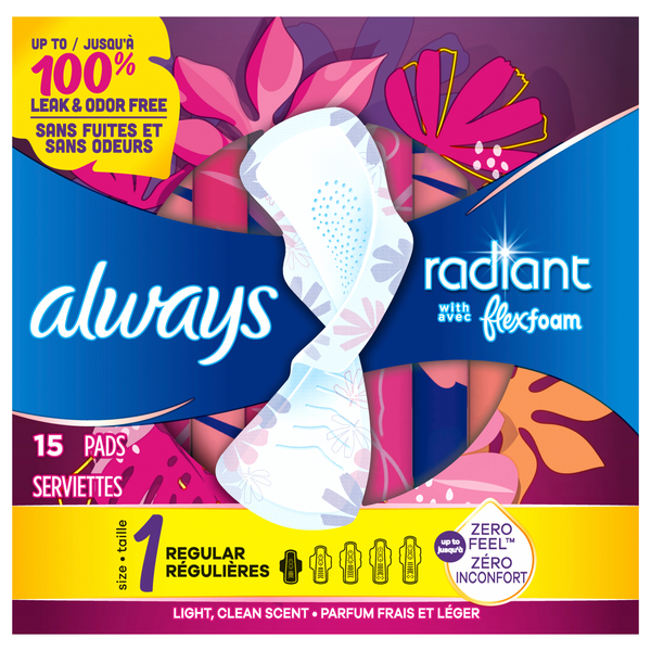 Always Radiant Size 1 Light Clean Scent Regular Pads with Wings