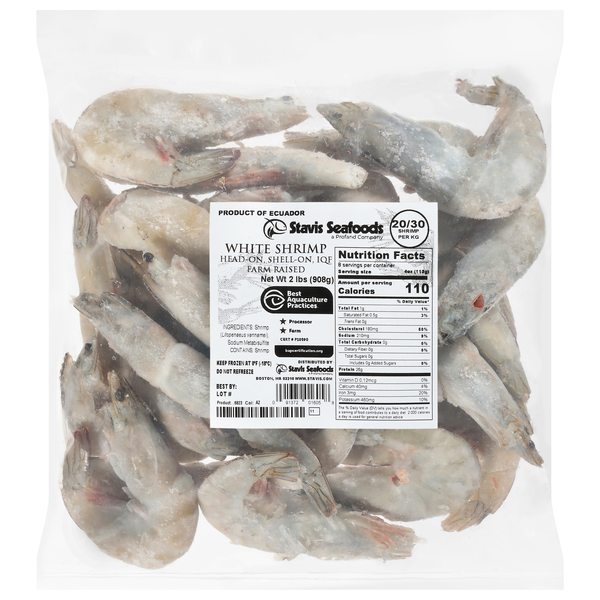 Stavis Seafoods Head-On Shell-On White Shrimp 20 - 30 ct Frozen