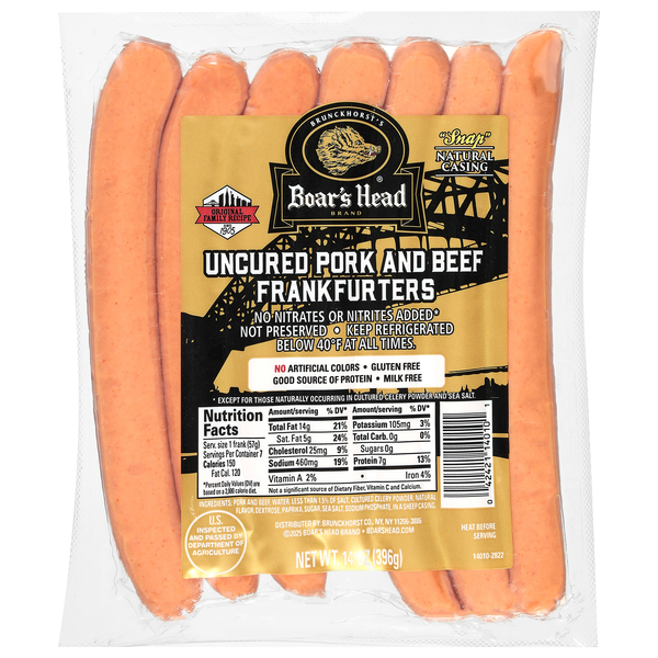 Boar's Head Uncured Pork & Beef Frankfurters - 7 ct