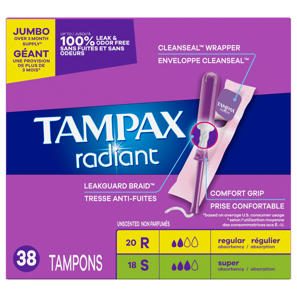 Tampax Radiant Unscented Regular & Super Tampons