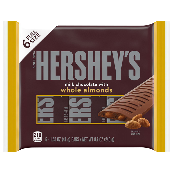 Hershey's Milk Chocolate Candy Bars with Whole Almonds Full Size - 6 ct