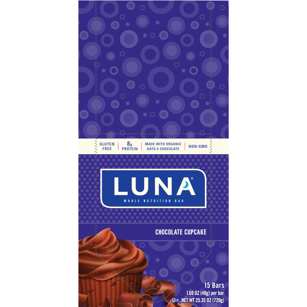 LUNA Organic Gluten Free Chocolate Cupcake 8g Protein Nutrition Bar 15 ct