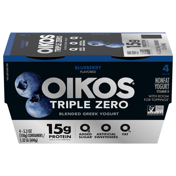 Oikos Triple Zero Blueberry Flavored Blended Greek Yogurt Cups -4 ct