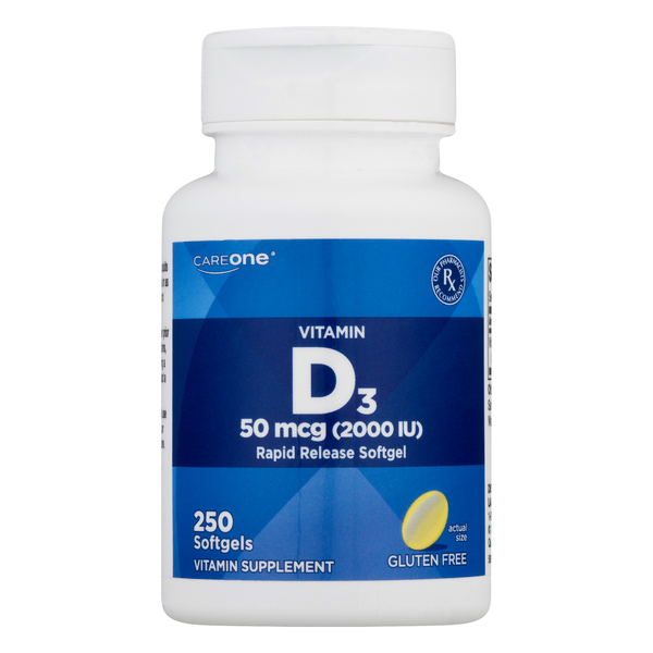 CareOne Gluten Free 50mcg 2000IU Vitamin D3 Rapid Release Softgels