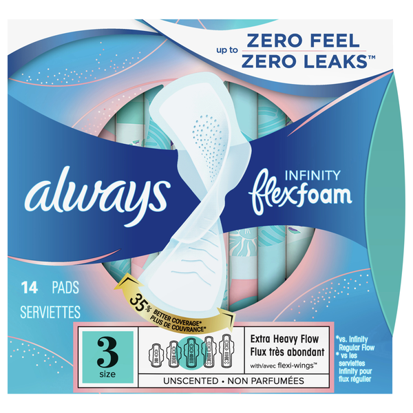 Always Infinity Flex Foam Size 3 Unscented Extra Heavy Flow Pads w/Wings