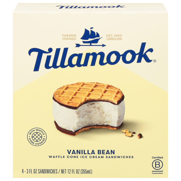 Tillamook Vanilla Bean Waffle Cone Ice Cream Sandwiches - 4 ct