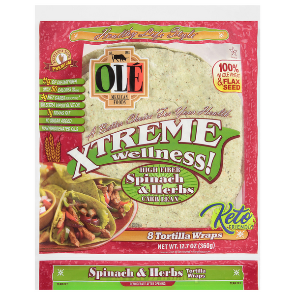 Ole Xtreme Wellness Keto High Fiber Spinach & Herb Tortilla Wraps - 8 ct