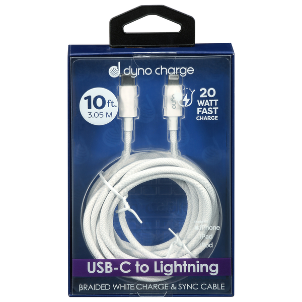 Dyno Charge USB-C to Lightning Braided 10 ft Charge & Sync Cable White