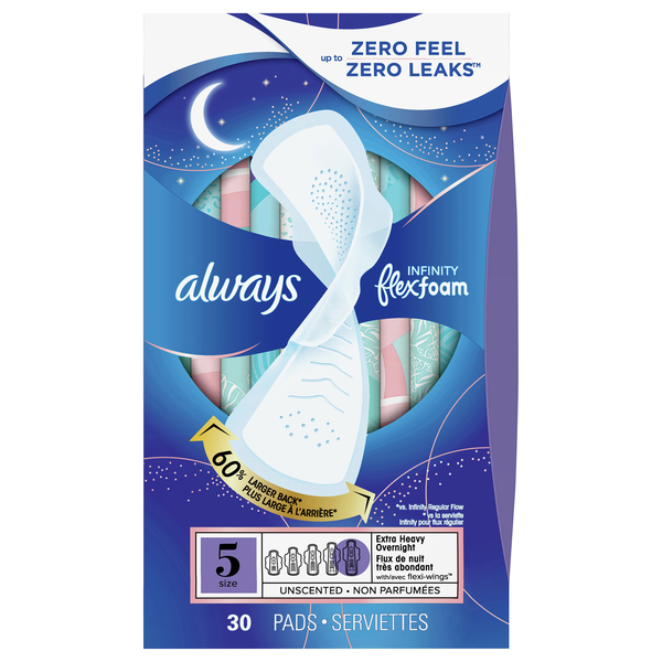 Always Infinity Size 5 Unscented Extra Heavy Overnight Pads with Wings