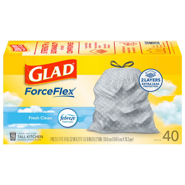 Glad ForceFlex Kitchen Bags Drawstring Tall Fresh Clean Scent 13 Gallon