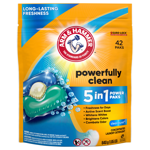 Arm & Hammer Clean Burst 5-in-1 Laundry Detergent Power Paks - 42 ct