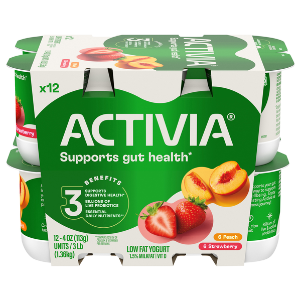 Activia Low Fat Strawberry & Peach Probiotic Yogurt Cups - 12 ct