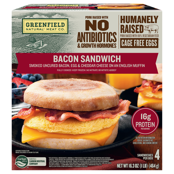 Greenfield Natural Meat Co. Bacon Egg & Cheese Sandwich - 4 ct Frozen