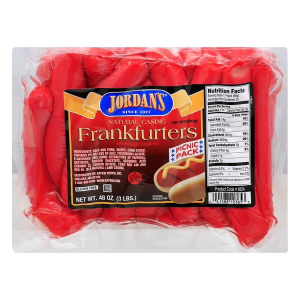 Jordan's Natural Casing Beef & Pork Frankfurters Picnic Pack - 24 ct