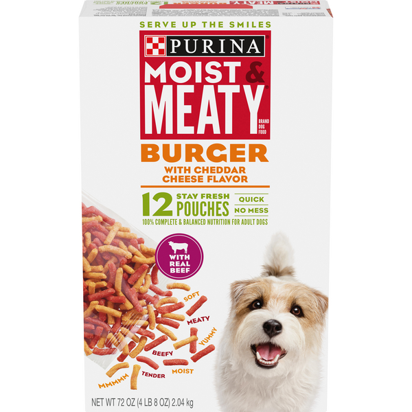 Save on Purina Moist & Meaty Adult Dry Dog Food Burger with Cheddar