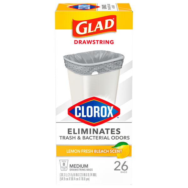 Glad Clorox Lemon Fresh Bleach Scent Medium Drawstring Bags 8 Gallon