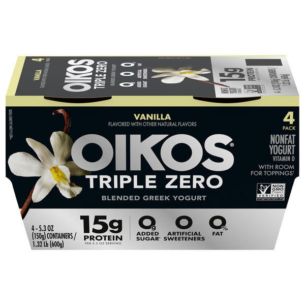 Oikos Triple Zero 15g Protein Non Fat Vanilla Blended Greek Yogurt Cup 4ct