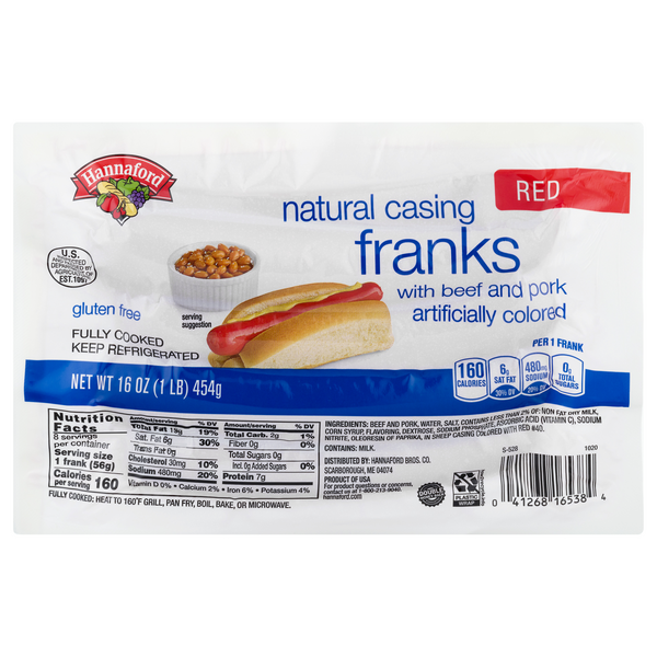 Hannaford Natural Casing Red Beef & Pork Franks - 8 ct