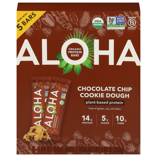 ALOHA Organic Chocolate Chip Cookie Dough 14g Plant-Based Protein Bar 5 ct