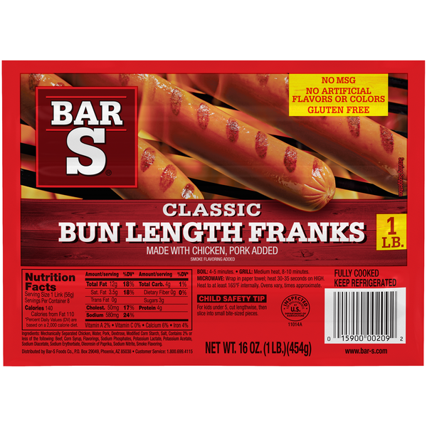 Bar-S Classic Bun Length Chicken & Pork Franks - 8 ct