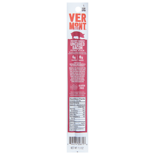 Vermont Smoke & Cure Hickory Smoked Uncured Bacon 6g Protein Pork Stick