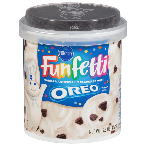 Save on Pillsbury Funfetti Frosting Vanilla with Oreo Cookie Pieces