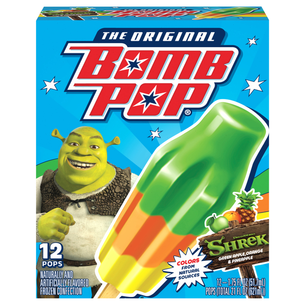 Bomb Pop Shrek Green Apple Orange & Pineapple Ice Pops - 12 ct