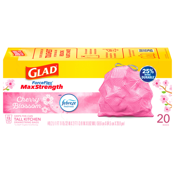 Glad ForceFlex Tall Kitchen Drawstring Trash Bags Cherry Blossom 13 Gallon